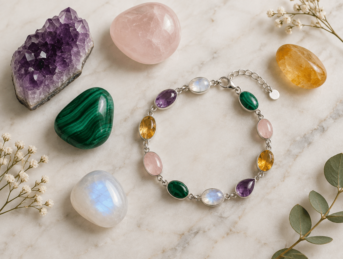 Edelsteine und Silber-Armband im Flatlay