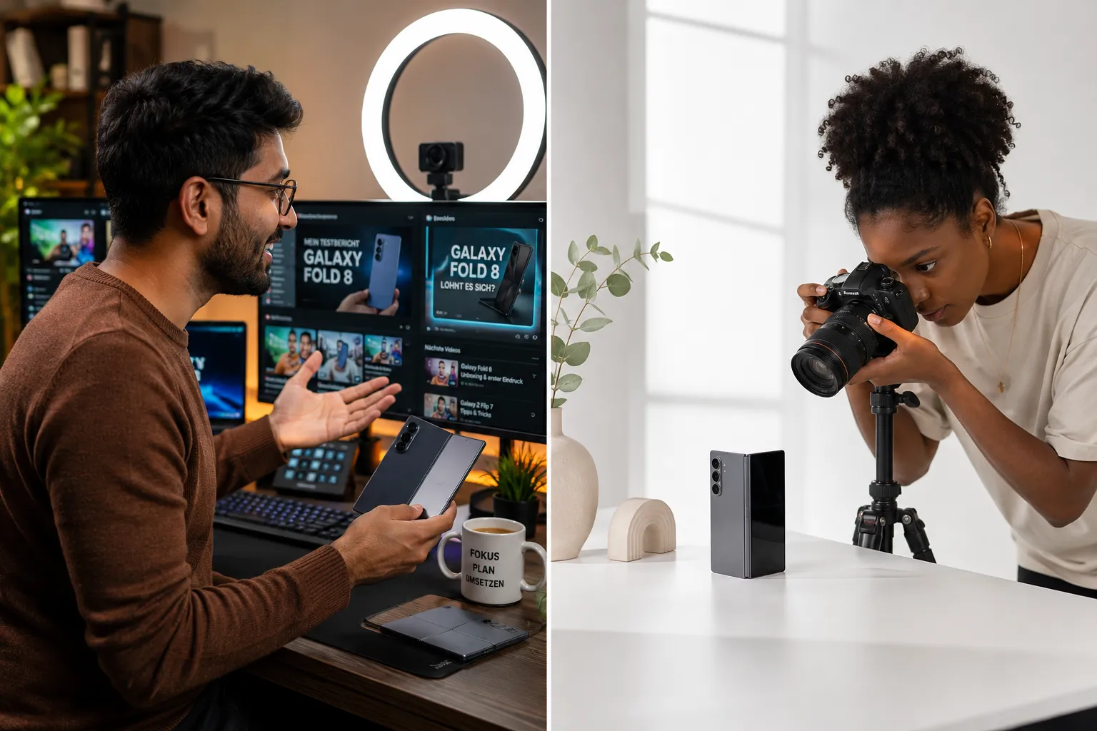 Split-screen editorial landscape (): Left half shows a YouTube tech reviewer at a bright modern desk with ring light and