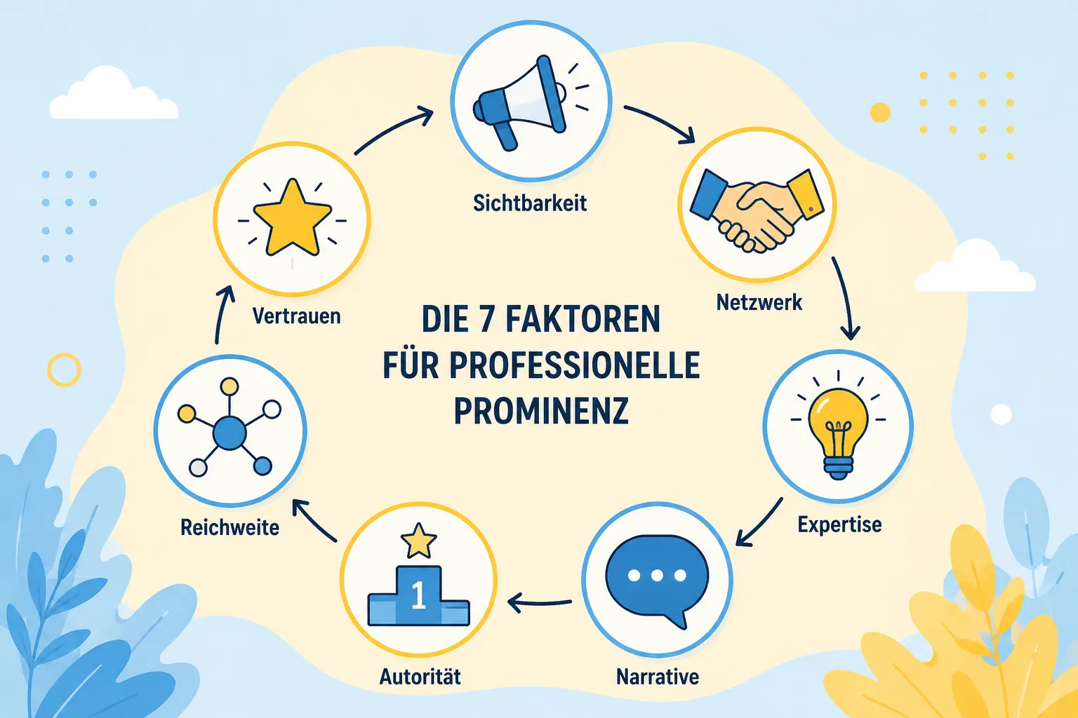 Flat-vector infographic illustration, (), bright pastel background in light blue and warm yellow. Seven distinct icons