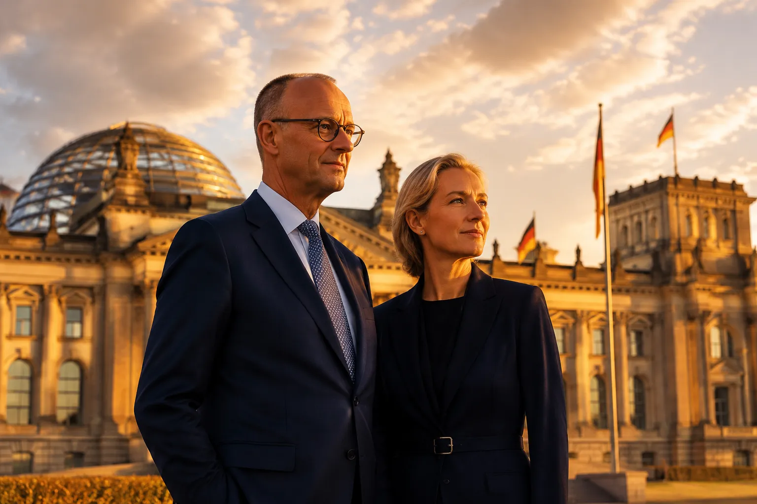 Editorial () hero image, no . Two elegant silhouettes in formal attire standing side by side in front of the German